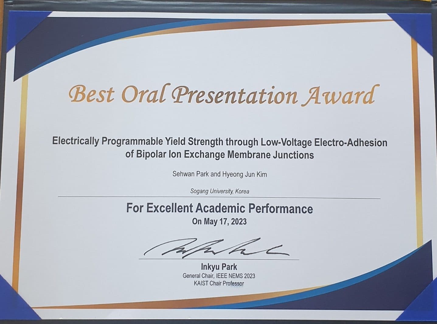 Sehwan Park wins the Best Oral Presentation Award at IEEE-NEMS 2023
